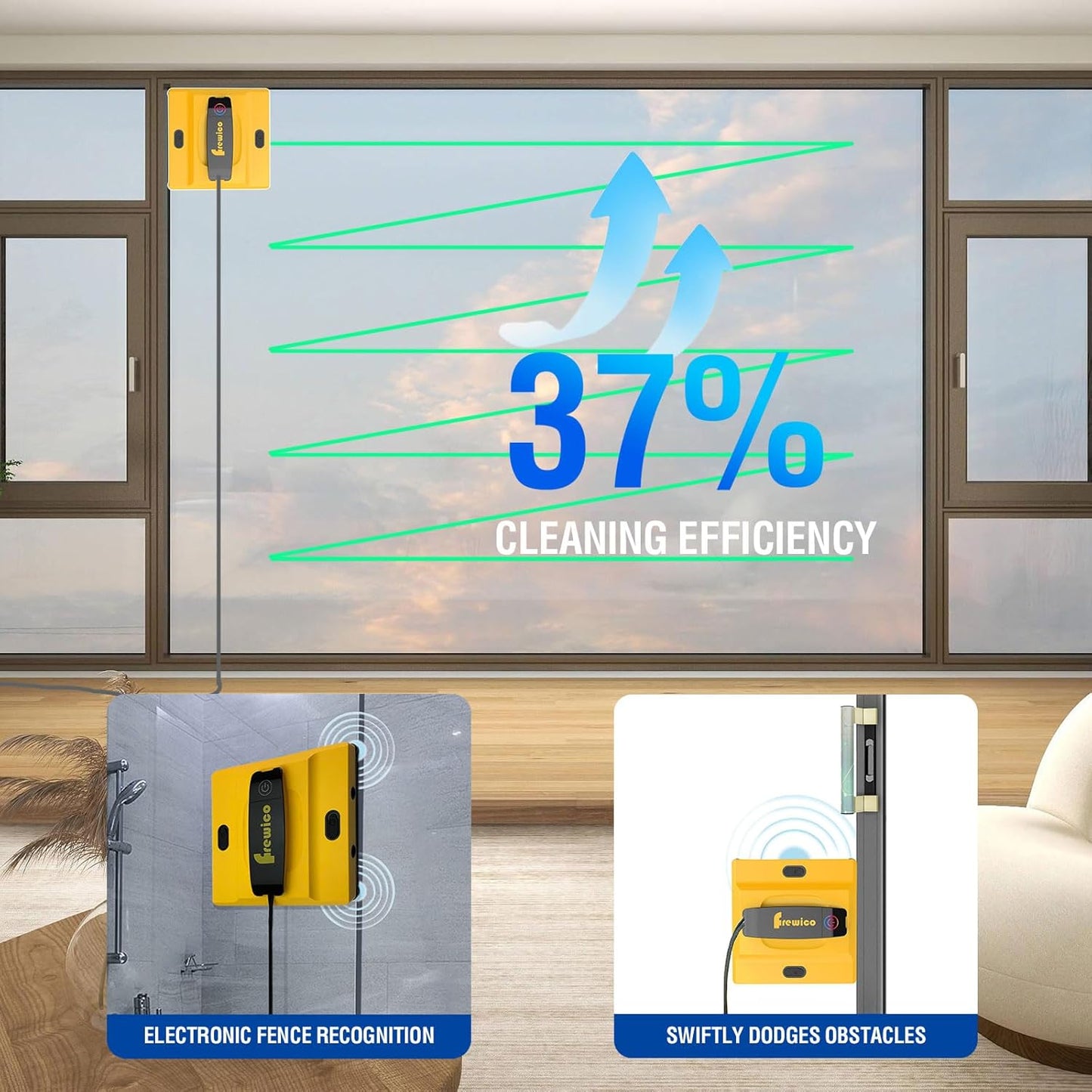 Frewico Window Cleaning Robot, Intelligent Cleaning with 4-Nozzle Wide-Angle Spray Technology, Deep Edge Cleaning, 5600Pa Suction Power
