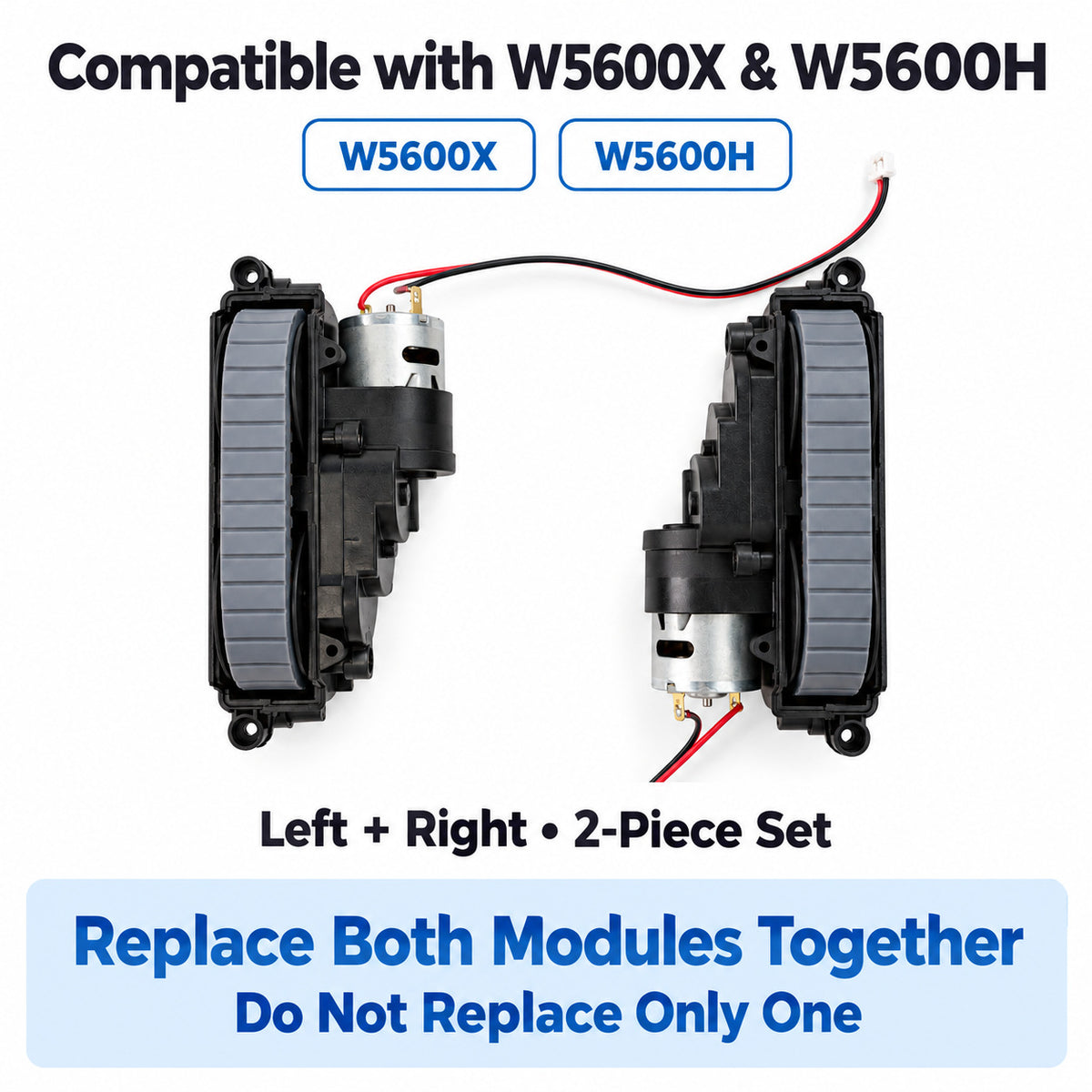 Left and right drive track modules for Frewico W5600X and W5600H, with a reminder to replace both modules together.