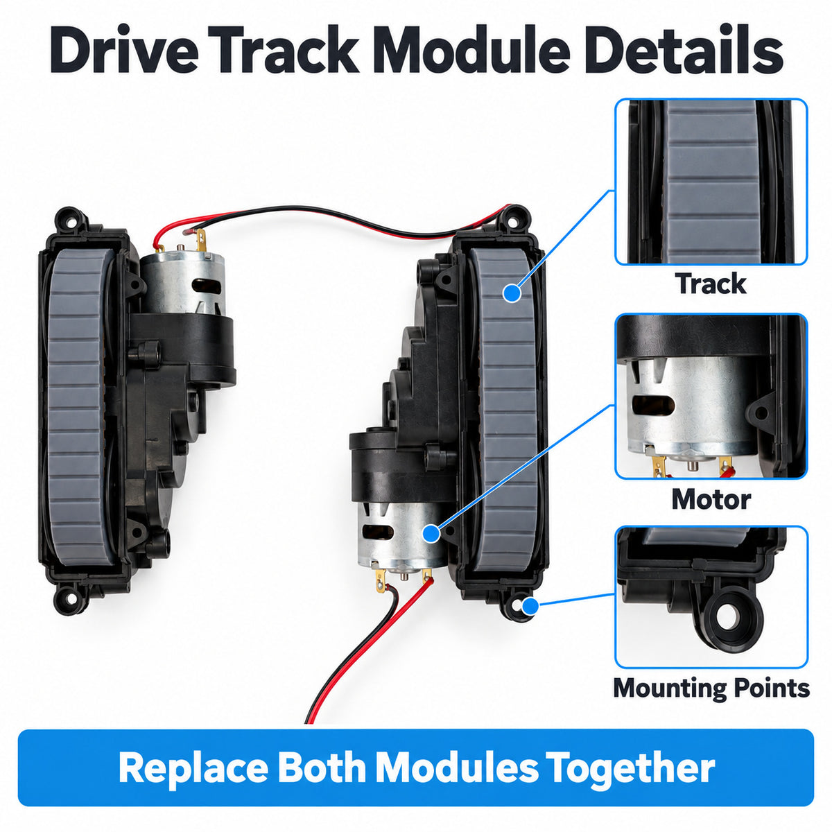 Close-up views of the drive track, motor and mounting points on the Frewico replacement drive track module pair.