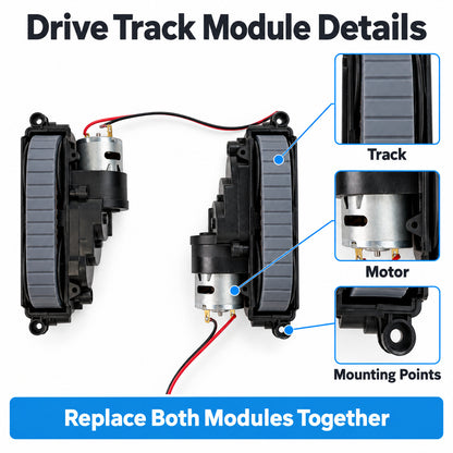 Close-up views of the drive track, motor and mounting points on the Frewico replacement drive track module pair.