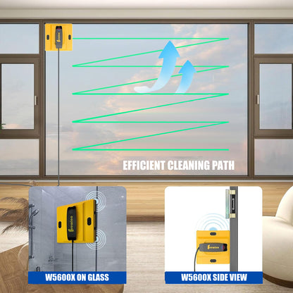 Frewico W5600X window cleaning robot following an efficient cleaning path on glass