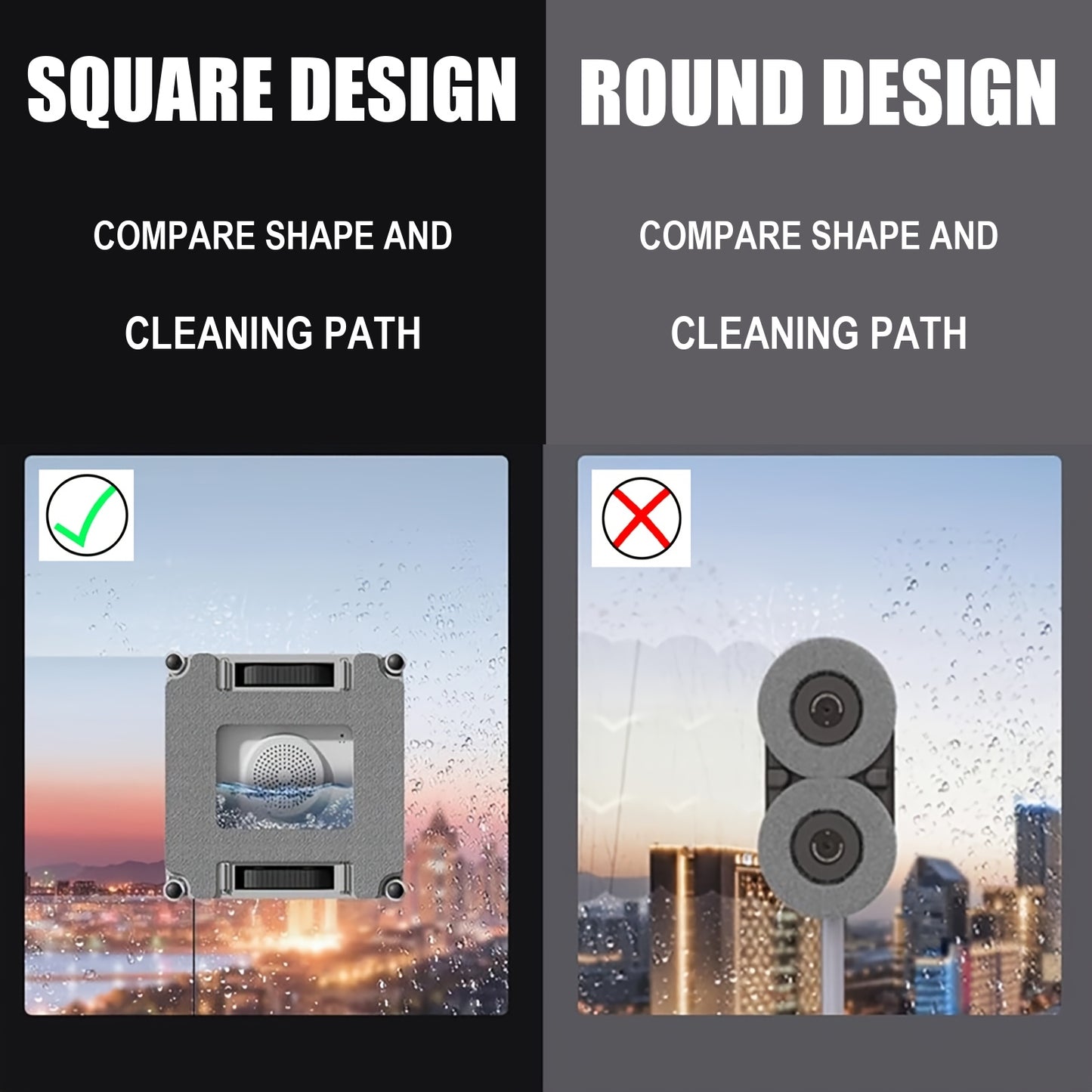 Comparison of square and round window cleaning robot shapes and cleaning paths