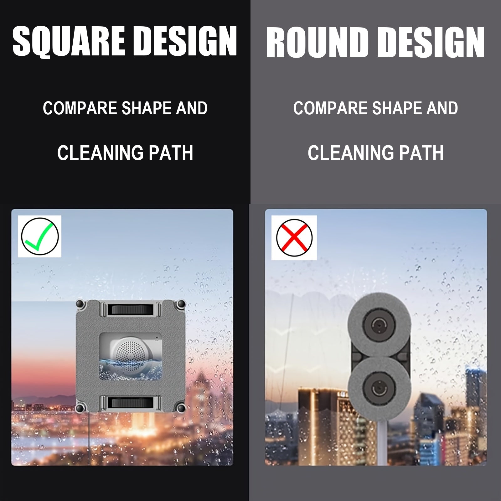 Comparison of square and round window cleaning robot shapes and cleaning paths