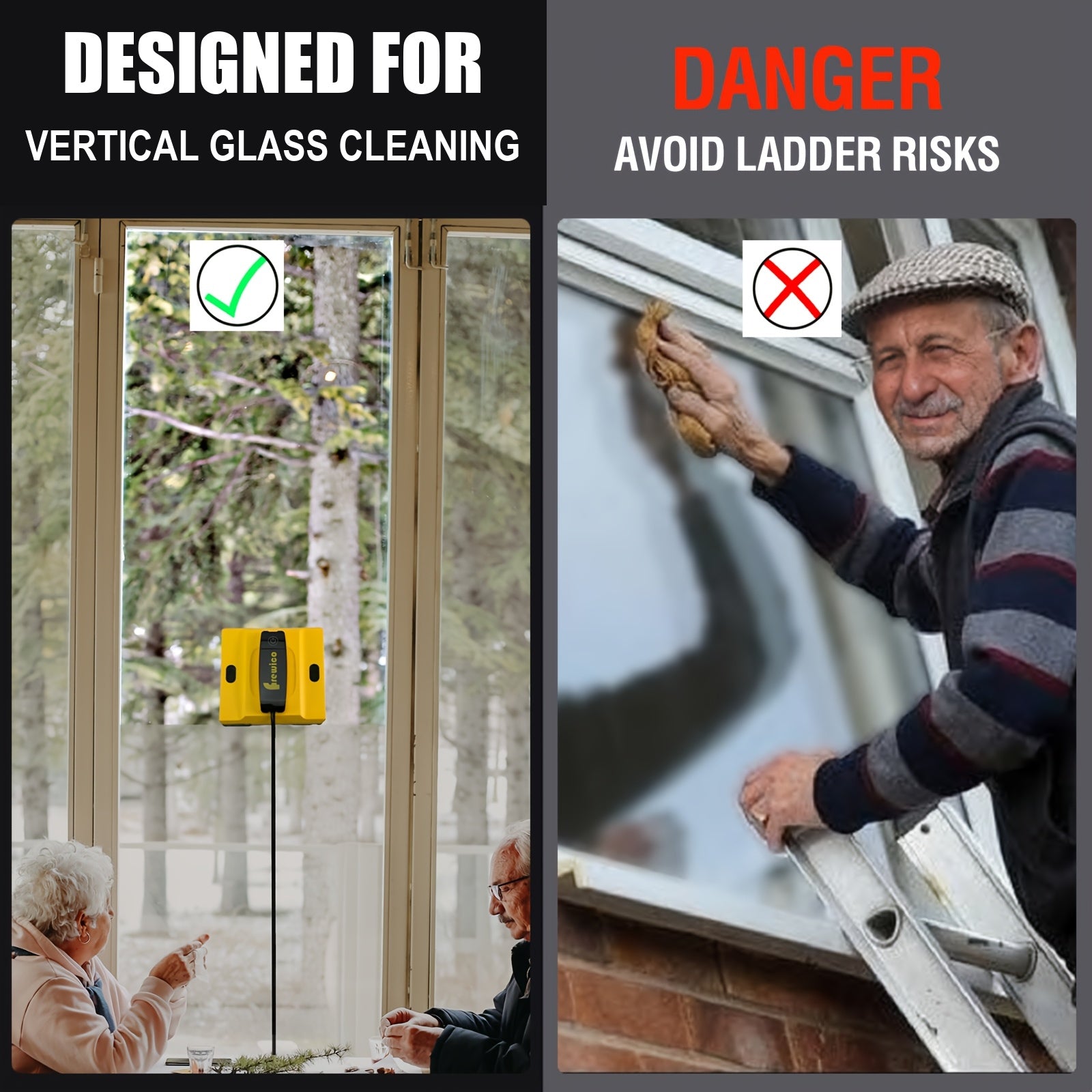 Frewico W5600X designed for vertical glass cleaning with a ladder-risk comparison