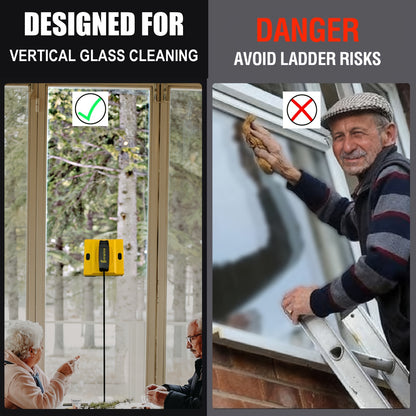 Frewico W5600X designed for vertical glass cleaning with a ladder-risk comparison